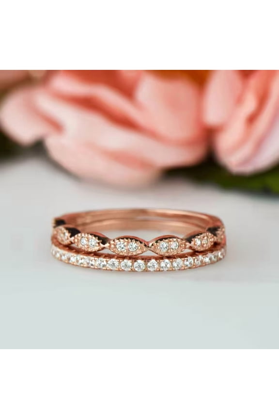 1 Ct Round Cut Simulant Diamond Art Deco Wedding Band and Half Eternity Band Set Engagement Ring 14k Rose Gold Plated