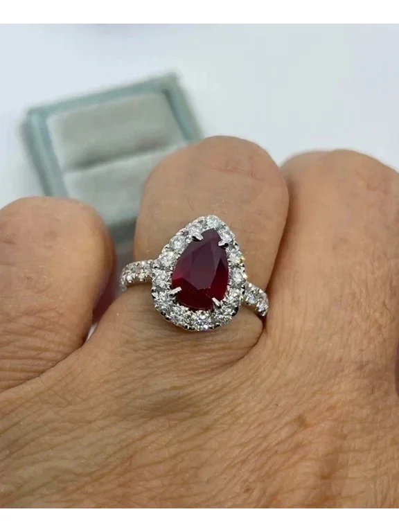 14K White Gold Plated 2CT Pear Simulated Red Ruby Women's Engagement Ring