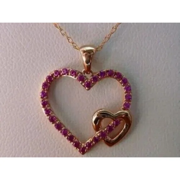 New Jewels 18" Free Chain 2Ct Round Cut Lab-Created Red Ruby Heart Pendant 14K Yellow Gold Plated