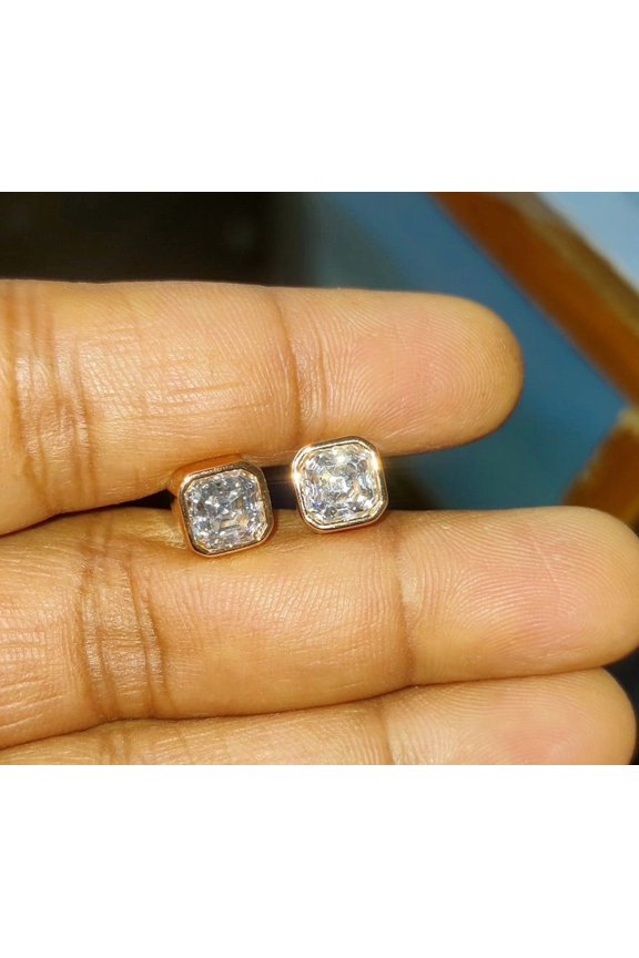 2 Ct Asscher Cut Real Moissanite Screw Back Solitaire Stud Earrings 14k Rose Gold Plated