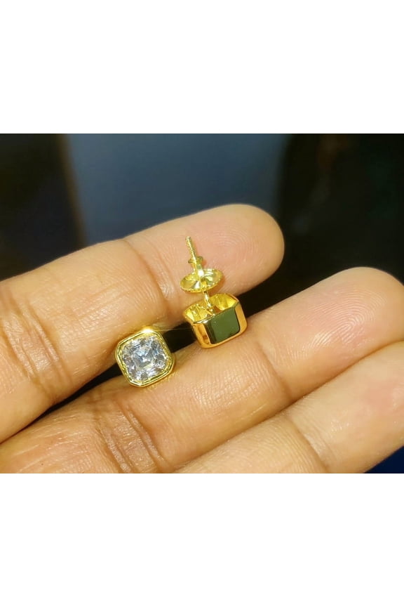 2 Ct Asscher Cut Real Moissanite Screw Back Solitaire Stud Earrings 14k Yellow Gold Plated