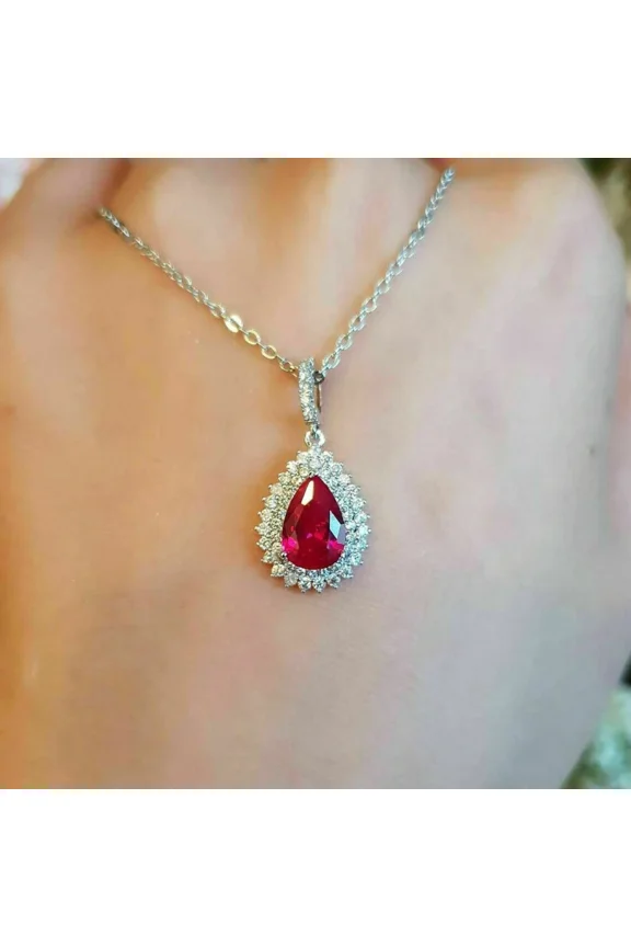 2 Ct Pear Lab-Created Red Ruby Double Halo Pendent Women's 14K White Gold Plated 18" Free Chain