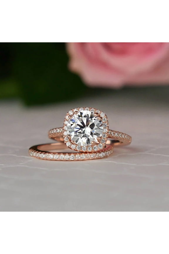 2 Ct Round Cut Simulated Diamond Halo Bridal Set Wedding Band 14K Rose Gold Plated