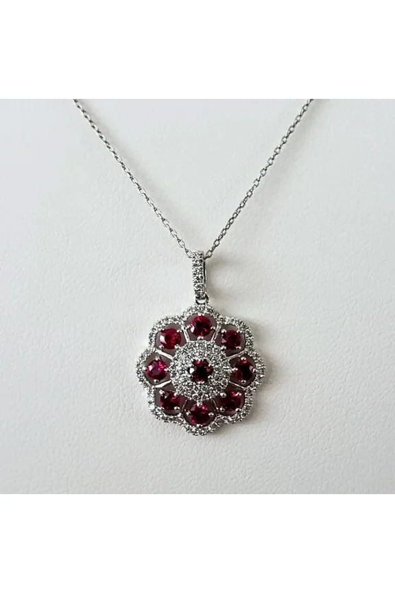 2CT Round Cut Lab-Created Red Ruby Women's Flower Pendant In 14K White Gold Plated 18" Free Chain