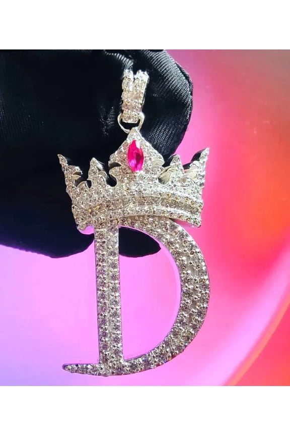 2Ct Natural Moissanite Tester Pass D Crown Letter Pendant 14K White Gold Plated
