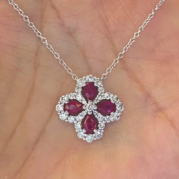 New Jewels 2Ct Pear Cut Lab Created Red Ruby Halo Flower Pendant 14K White Gold Plated 18" Free Chain