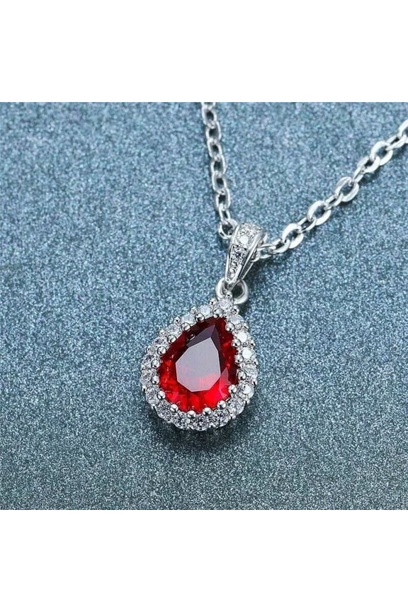 2Ct Pear Cut Lab Created Red Ruby Teardrop Pendant 14K White Gold Plated 18" Free Chain