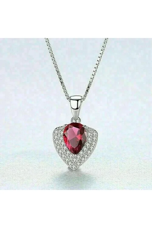 2Ct Pear Lab-Created Red Ruby Women Pendant in 14K White Gold Plated 18" Free Chain