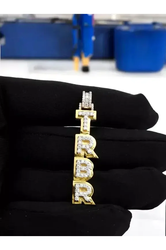 2Ct Round Cut Real Moissanite Vertical Custom Name Pendant 14K Yellow Gold Plated