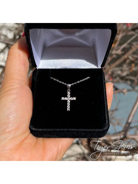 2Ct Round Cut Simulated Diamond Jesus Small Cross Women's Pendant Necklace 14K White Gold Plated