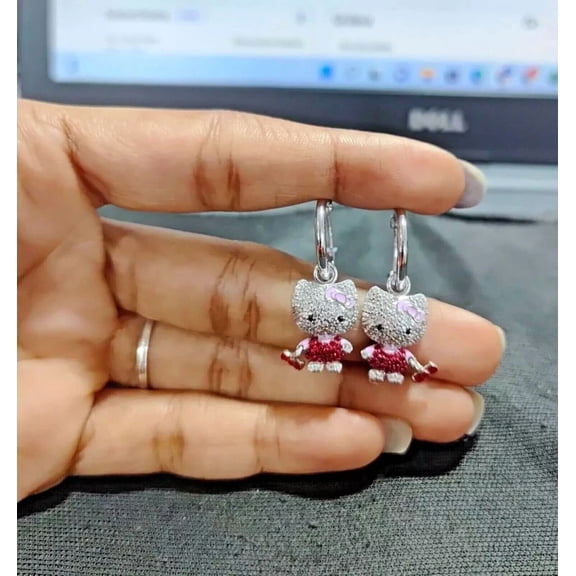 New Jewels Hello Kitty Dangle Earrings 2Ct Round Simulated Diamond In 14k White Gold Plated