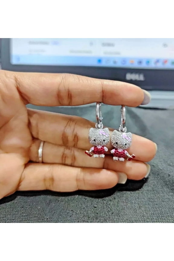 Hello Kitty Dangle Earrings 2Ct Round Simulated Diamond In 14k White Gold Plated