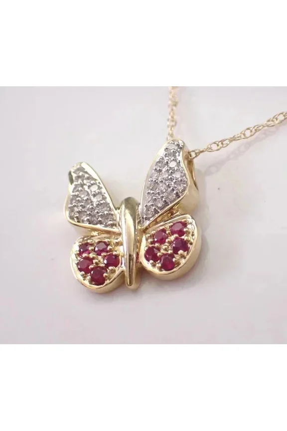 Lab-Created Red Ruby 2Ct Round Cut Butterfly Pendant 14K Yellow Gold Plated 18" Free Chain