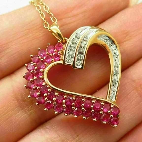 New Jewels Lab Created Red Ruby Heart Women's Pendant 2Ct Round Cut 14K Yellow Gold Plated 18" Free Chain