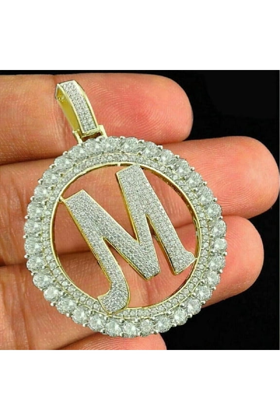 Round 2Ct Lab-Created Diamond Initial Letter "M" Pendant 14K Yellow Gold Plated 18" Free Chain