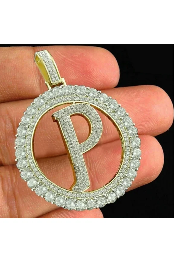 Round 2Ct Lab-Created Diamond Initial Letter "P" Pendant 14K Yellow Gold Plated 18" Free Chain