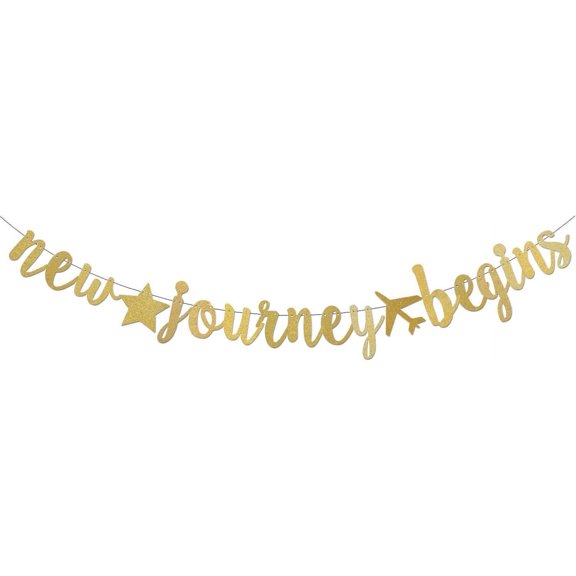 New Journey Begin Banner / Pre-Strung Gold Glitter Funny Retirement Party Sign / Coworker Going Away Party Decorations