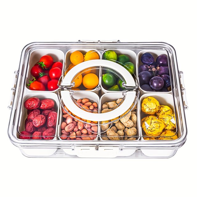 New KBO Clear Divided Food Serving Tray with Handle and Lid Portable