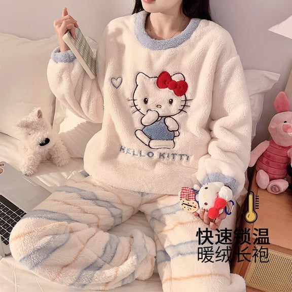 New KT Cat Kuromi Thickened Warm Coral Fleece Pajama 2-Piece Set (Long-sleeved Top Long Pants) for Women Large Size Flannel Loungewear for Autumn Winter, Can Be Worn Outside