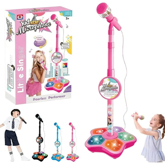 New Karaoke Microphone Toy, 5-in-1 Kid Star Microphone with Stand Bluetooth, Adjustable Height Kids Karaoke Microphones with Music&Light, Christmas and Birthday Gifts for Girls and Boys (Pink)