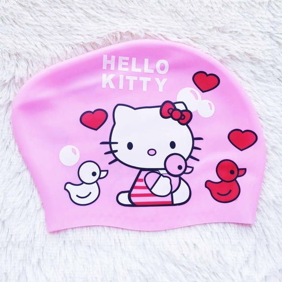 New Kawaii Sanrio Hello Kitty Swimming Cap Cute Anime Ladies Thickened Printed Comfortable Silicone Cap Summer Pool Cap