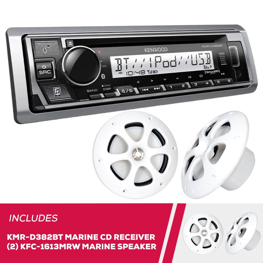 New Kenwood KMRD382BT Marine CD Receiver & 2 Pack KFC1613MRW 6.5" Marine Speakers