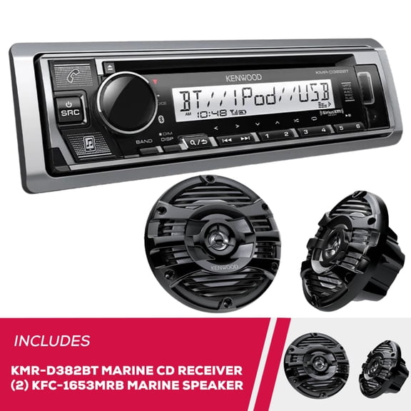 Kenwood KMR-D382BT Marine CD Receiver Compatible w/ Bluetooth with 2 Pairs of KFC-1653MRB 6.5" 2-way Marine Speaker System (Black)