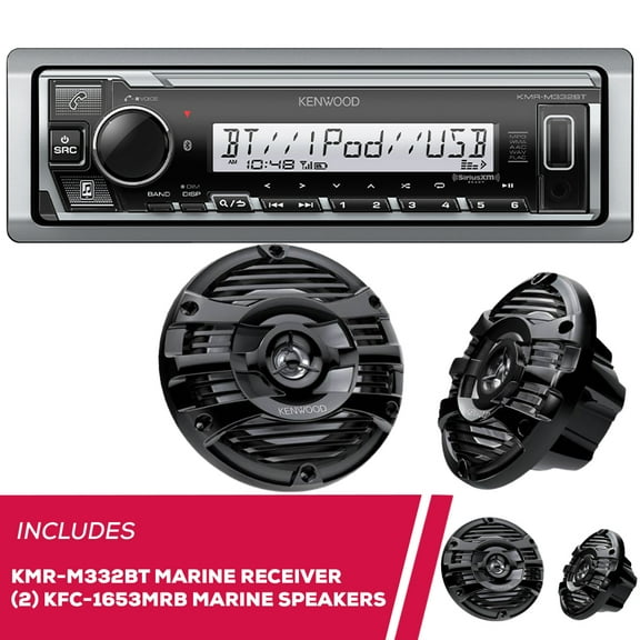 Kenwood KMR-M332BT Digital Media Receiver with Bluetooth with 2 Pairs of KFC-1653MRB 6.5" 2-way Marine Speaker System (Black), 150W Max Power