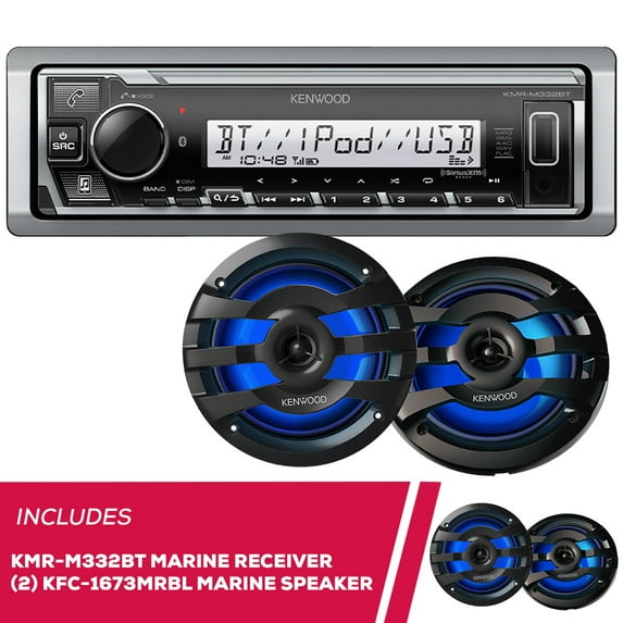 Kenwood KMR-M332BT Digital Media Receiver with Bluetooth with 2 Pairs of KFC-1673MRBL 6.5" 2-way Marine Speaker W/ LED (Black)