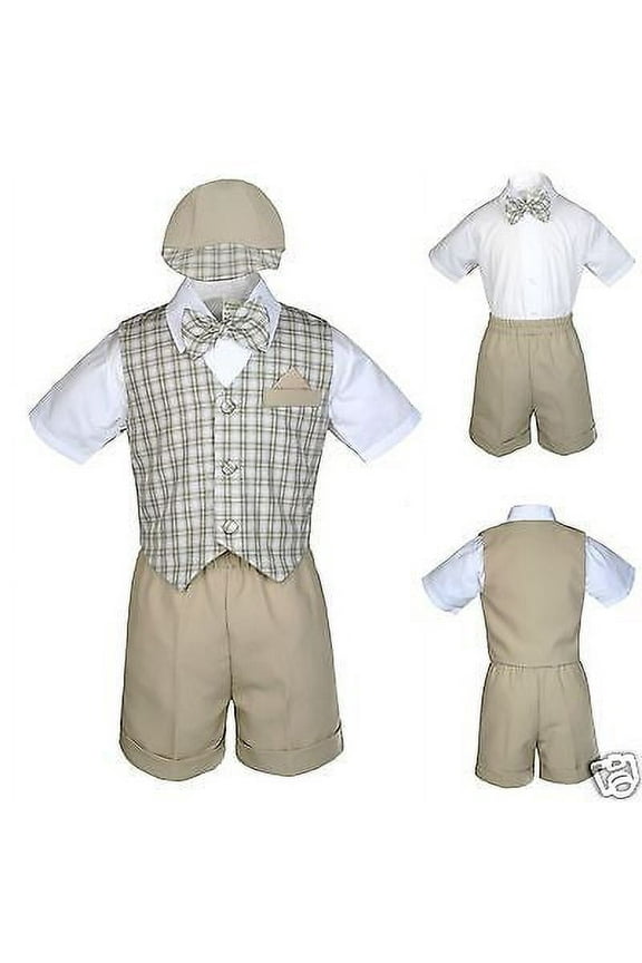 New Khaki Checkered Eton Vest Shorts Suit Boy Baby & Toddler S M L XL 2T 3T 4T
