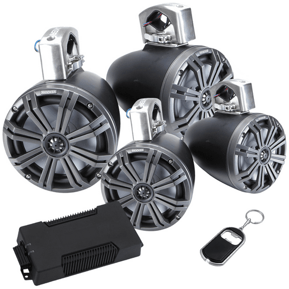 New Kicker 2-Pack 45KMTC8 8" Tower Speakers, 48PXA4004 Amp and Amp Wiring Kit