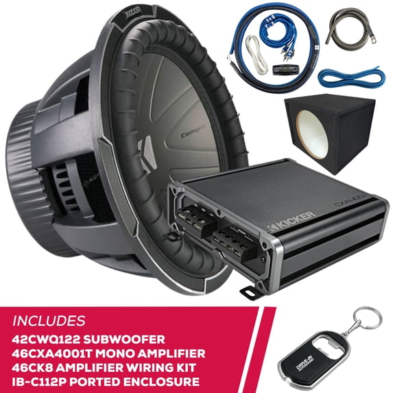 New Kicker 42CWQ122 12" Subwoofer & 46CXA4001T Amp & Ported Enclosure & Wiring Kit