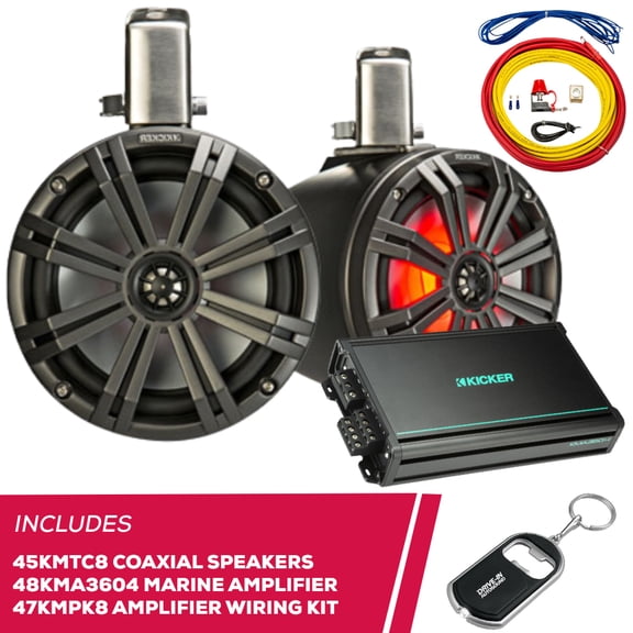 New Kicker 45KMTC8 8" Tower Speakers w/ 48KMA3604 Amplifier & 47KMPK8 Amplifier Kit