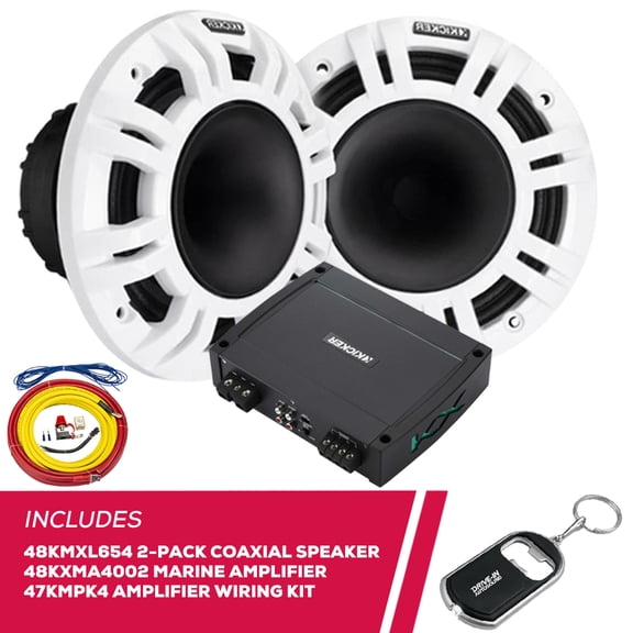 New Kicker Pack of 2 48KMXL654 6.5" Coaxial Speakers & Marine Amp with Wiring Kit