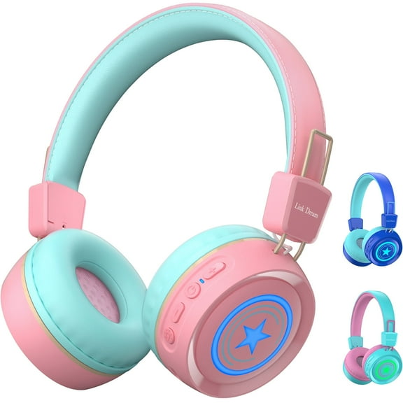 Link Dream Kids Bluetooth Headphones,V5.0 Wireless Over-Ear Headset with Mic, 3 Lighting Modes, 22-32H Playtime, Foldable, 3.5mm Audio Jack, for School/Students/PC/Phone/Tablet (Boys/Girls),Pink