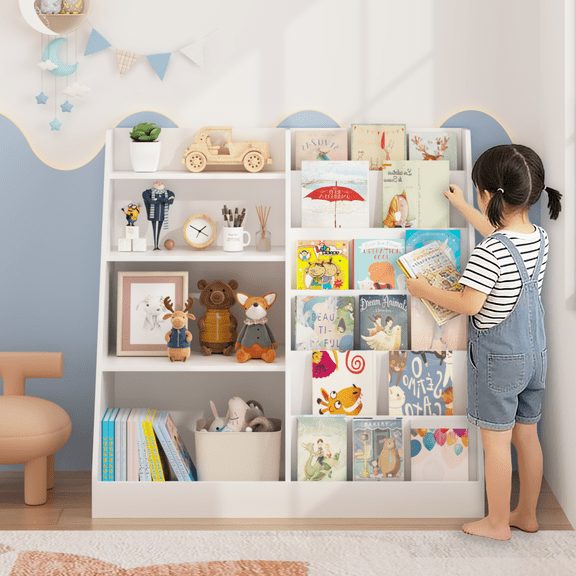 New Kids Bookshelf and Toy Storage Organizer, Multifunctional 4 Tier Wooden Kids Book Shelf with Bookcase Display Stand in Kids Room Playroom Nursery for Kids, Children, Toddlers (White)