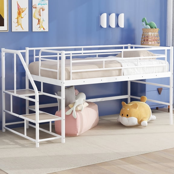 New Twin Loft Bed with Storage Stairs - White Mid Height Metal Frame, 26.6" Safety Height, No Box Spring