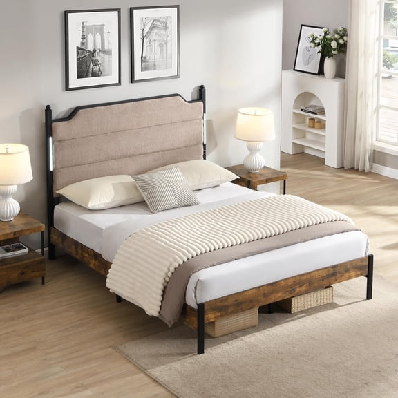 New King Bed Frame , Upholstered headboard with Charging and Touch sensitive LED Lights, Under Bed Storage, No Box Spring Needed,Noise Free