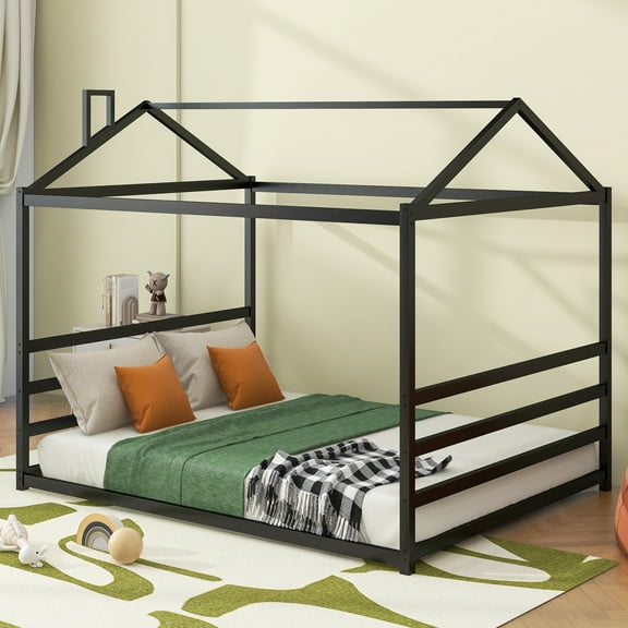 New King Size Metal House Bed Frame Platform Bed House-Shaped Platform Bed , Black, Queen