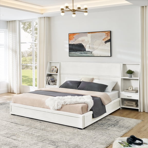 New King Size Modern Storage Platform Bed Frame, Glossy Velvet Headboard with Side Bookcases & Drawer, Mattress Excluded-Beige