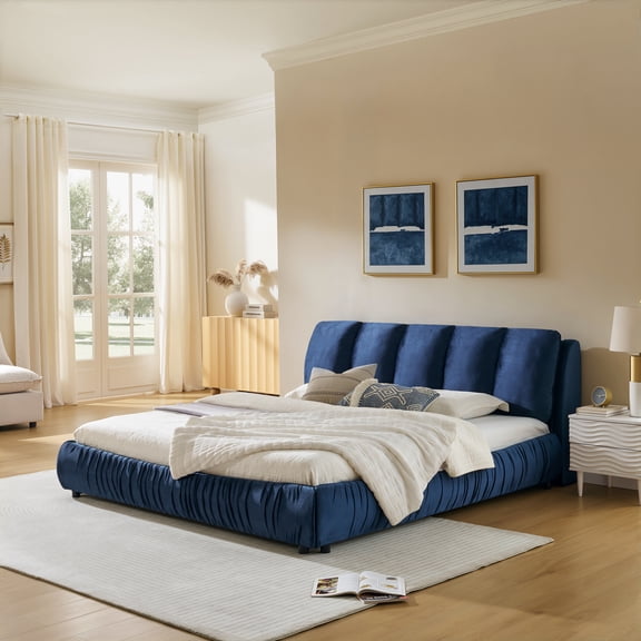 New King Size Upholstered Bed Frame, Modern Minimalist Style with Segmented Plump Compressed Sponge Headboard, Shiny velvet & Sturdy Leg Support, Mattress Not Included-Dark Blue