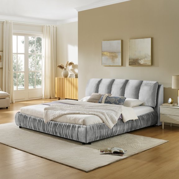 New King Size Upholstered Bed Frame, Modern Minimalist Style with Segmented Plump Compressed Sponge Headboard, Shiny velvet & Sturdy Leg Support, Mattress Not Included-Gray