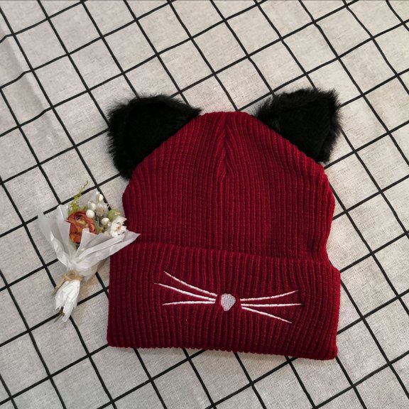 New Kitty Ear Knit Hat Embroidered Woolen Hat Cute Fall And Winter Warm Pullover Hat Snow Hat for Men Unisex Winter Trooper Hat Mad Hat Leather Aka Winter Hat Big Head Trapper Hat Rabbit Trapper Hat