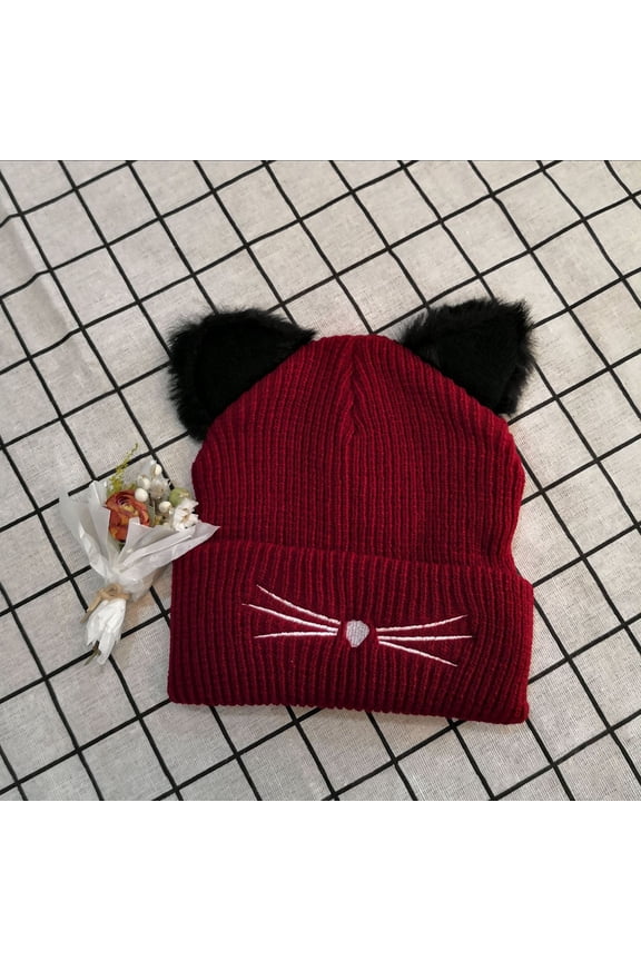 New Kitty Ear Knit Hat Embroidered Woolen Hat Cute Fall And Winter Warm Pullover Hat Snow Hat for Men Unisex Winter Trooper Hat Mad Hat Leather Aka Winter Hat Big Head Trapper Hat Rabbit Trapper Hat
