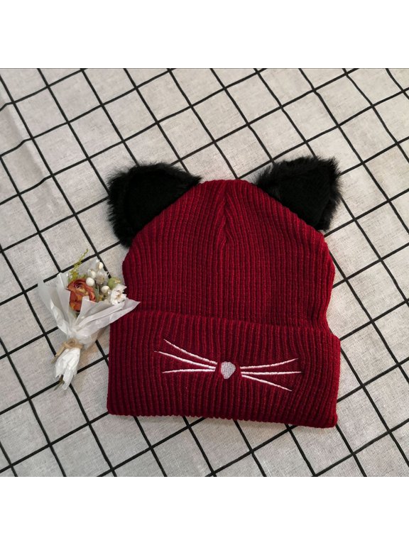 New Kitty Ear Knit Hat Embroidered Woolen Hat Cute Fall And Winter Warm Pullover Hat Snow Hat for Men Unisex Winter Trooper Hat Mad Hat Leather Aka Winter Hat Big Head Trapper Hat Rabbit Trapper Hat