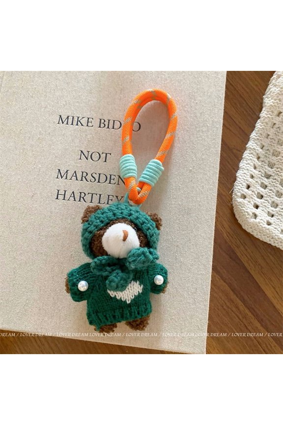 New Korean ins style green bow and brown plush bear pendant, cute lanyard keychain bag accessory