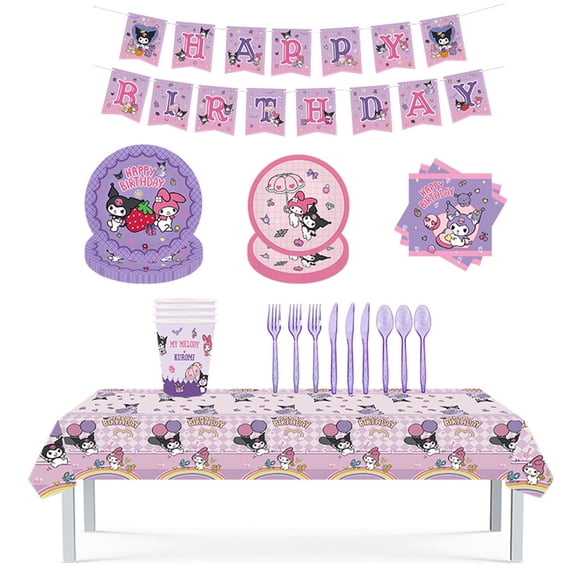 New Kuromi Birthday Party Paper Plate Decoration Set, cake Knife, Fork Spoon Combination, Cartoon Pink Melody Theme Party Disposable Tableware Set