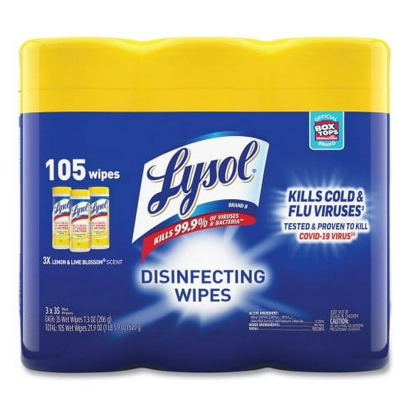 New Lysol Disinfecting Wipes, 7 x 8, Lemon and Lime Blossom, 35 Wipes/Canister, 3 Canisters/Pack,Each