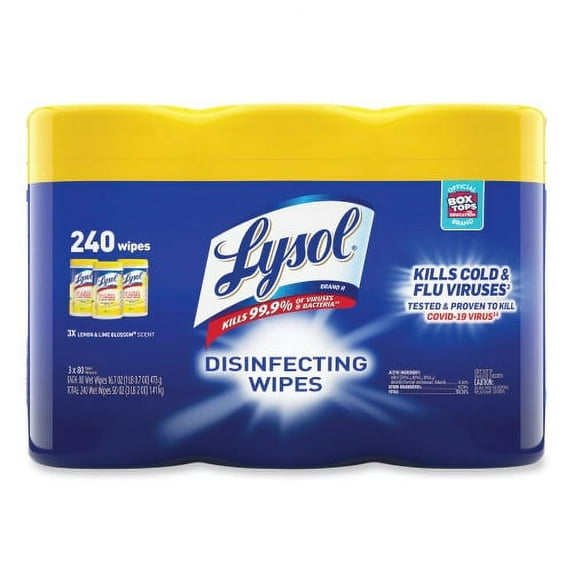 LYSOL Brand Disinfecting Wipes, 1-Ply, 7 x 7.25, Lemon and Lime Blossom, White, 80 Wipes/Canister, 3 Canisters/Pack, Each