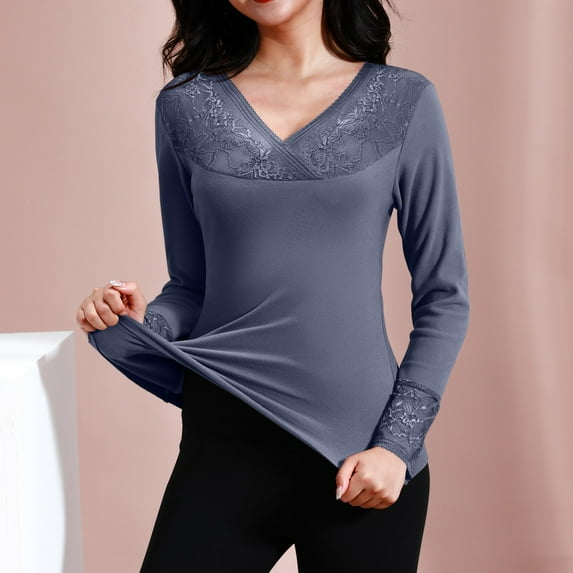New Lace V Neck Thermal Underwear Autumn And Winter Slim Fit Bottomed Shirt Wool Long Girls Thermal Top Womens Thermal Tops Long Sleeve plus Size Thermal Tops for Women Long Sleeve Womens Thermal Tops